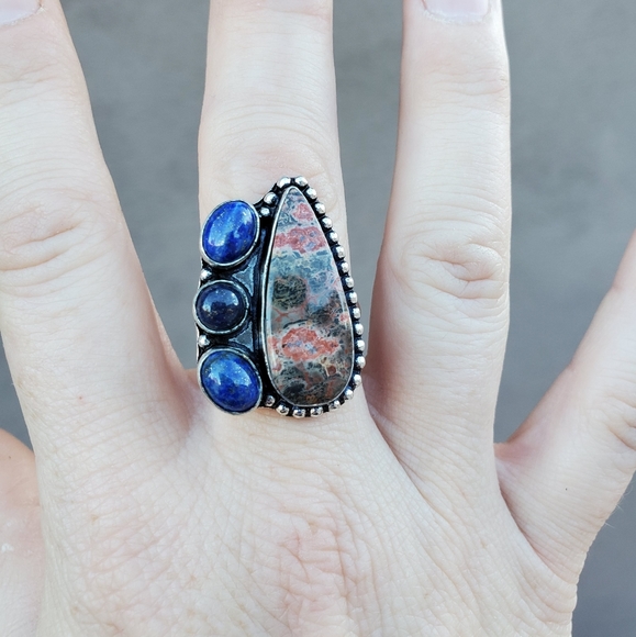 New Leopard Skin Jasper & Lapis Lazuli 925 Silver Ring. - Picture 6 of 14